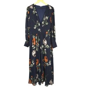 BALTIC BORN Floral Print Maxi Dress V Neck Smocked Waist Long Sleeve Navy Sz 1XL